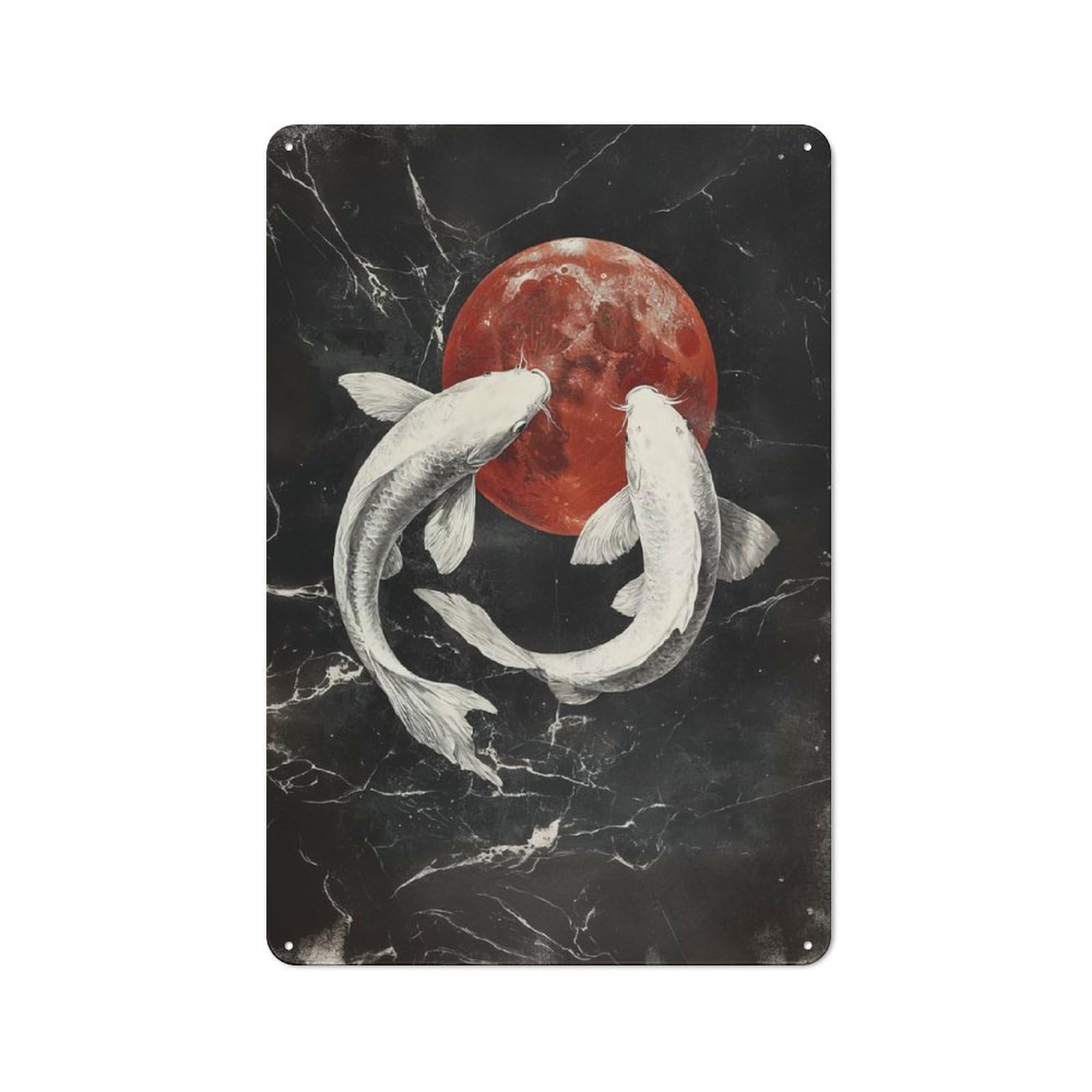 Tin Wall Plaque 30x20cm with Koi Fish And Blood Moon for Garage Or Workshop, for Metal Sign Collectors, for Home Office And Studio Walls