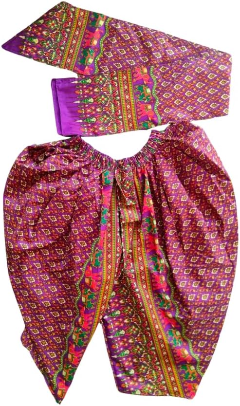 Handcrafted Thai Wrap Pants with Matching Shoulder Sash – Adjustable Waist 24"-38", Free Size, Unisex Traditional Festival Outfit (Random Color)