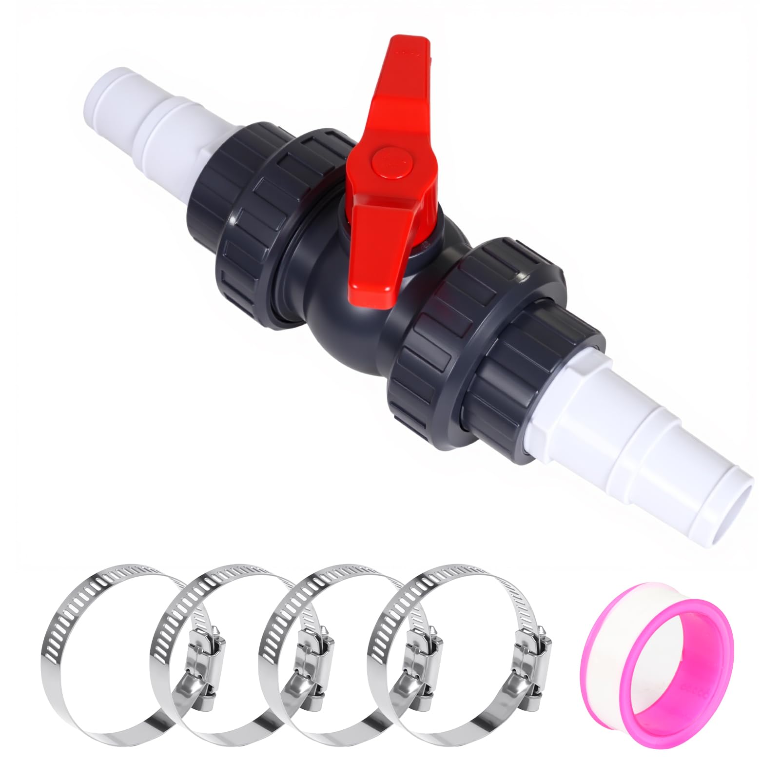 Válvula de bola con conector de manguera de PVC, válvula de cierre para piscina, incluye 1 válvula de cierre de 1 1/2" (50 mm), 2 boquillas de manguera de 32-38 mm, conector de manguera de