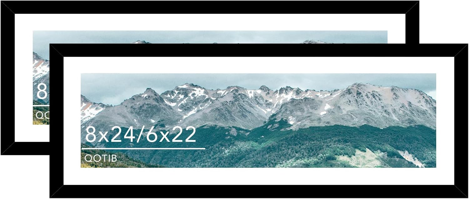 Wood 8x24 Picture Frame with 6x22 Mat, Display 6x22 with Mat or 8x24 Without Mat, Wood 8 by 24 Photo Frame, 8 x 24 Frame for Wall Hanging Display, Black, 2 Pack