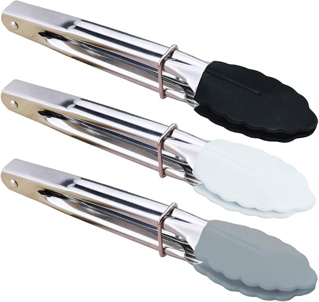 HINMAY Mini Tongs with Silicone Tips 7-Inch Kitchen Tongs Small Serving Tongs, Set of 3 (Black White Grey)