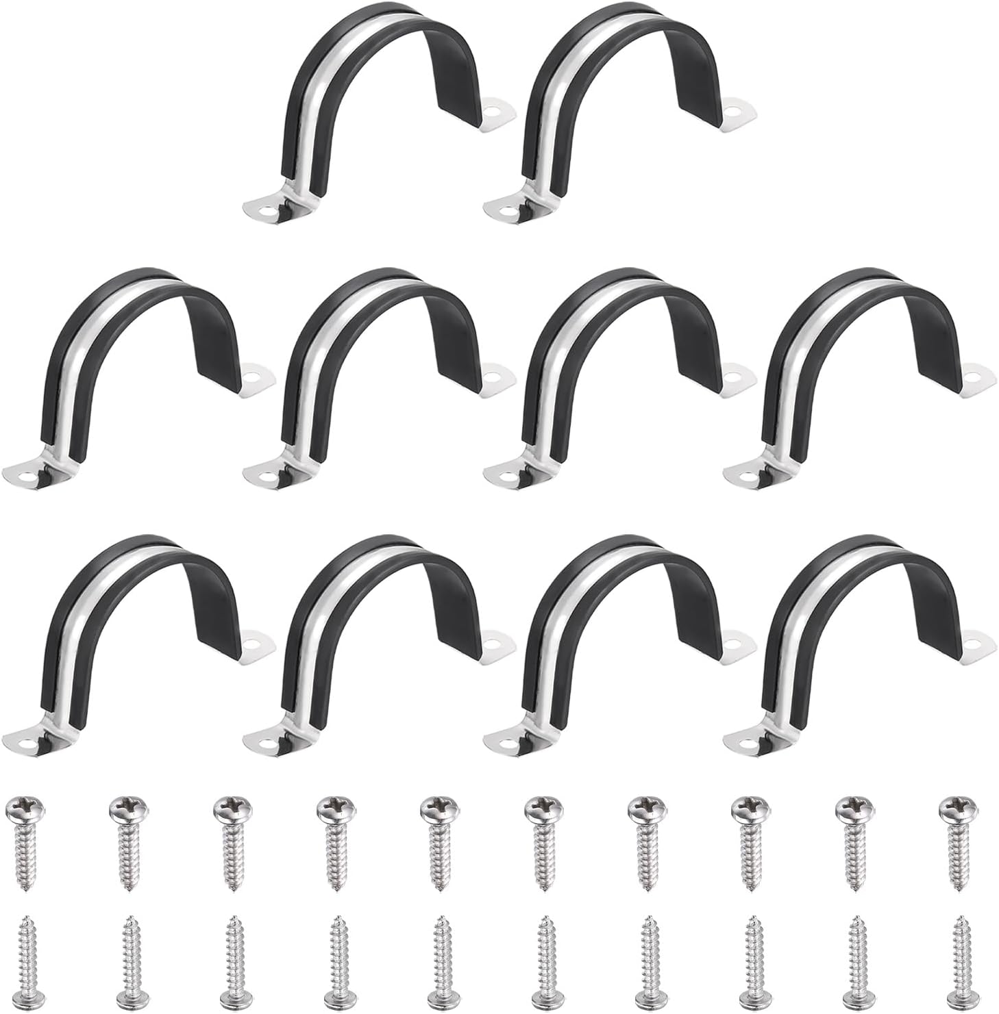 uxcell 10Pcs 55mm(2-3/16") Cable Clamp, 2 Hole 304 Stainless Steel Rubber Coated Cushion Insulated Cable Clamps U Holder Pipe Strap with Self-Tapping Screws for Tube Wire, Black