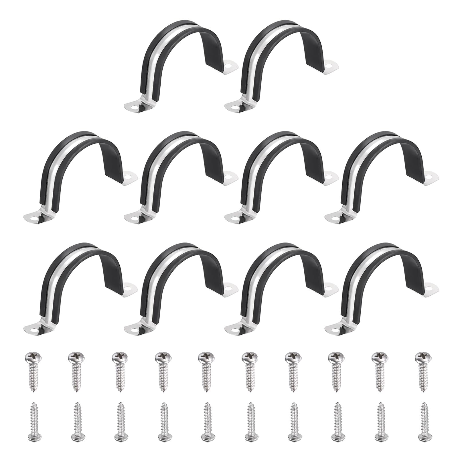 sourcing map 10Pcs 55mm(2-3/16") Cable Clamp, 304 Stainless Steel Rubber Coated Cushion Insulated Cable Clamps U Holder Pipe Strap with Self-Tapping Screws for Tube Wire Installation, Black