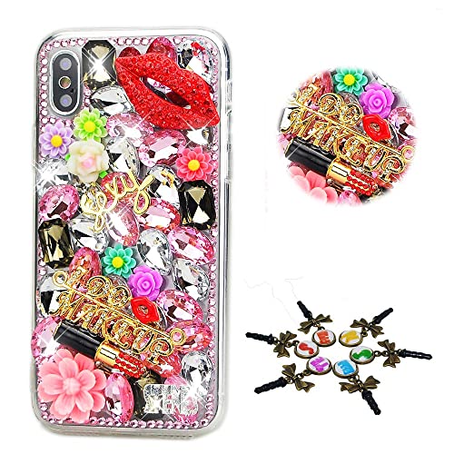 STENES Sparkle Case Compatible with Samsung Galaxy A21s Case - Stylish - 3D Handmade Bling Lips Lipstick Flowers Rhinestone Crystal Diamond Design Cover Case - Pink