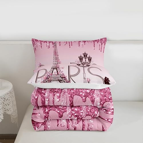 Miniatura 7 de Juego de edredón de la Torre Eiffel, tamaño King, edredón de plumón de ensueño floral rosa brillante para niñas, niños, adultos, pareja, decoración