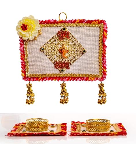 Shubh Labh à suspendre avec lot de 2 photophores pour porte murale, maison, temple, festival, mariage, décoration traditionnelle indienne, cadeau