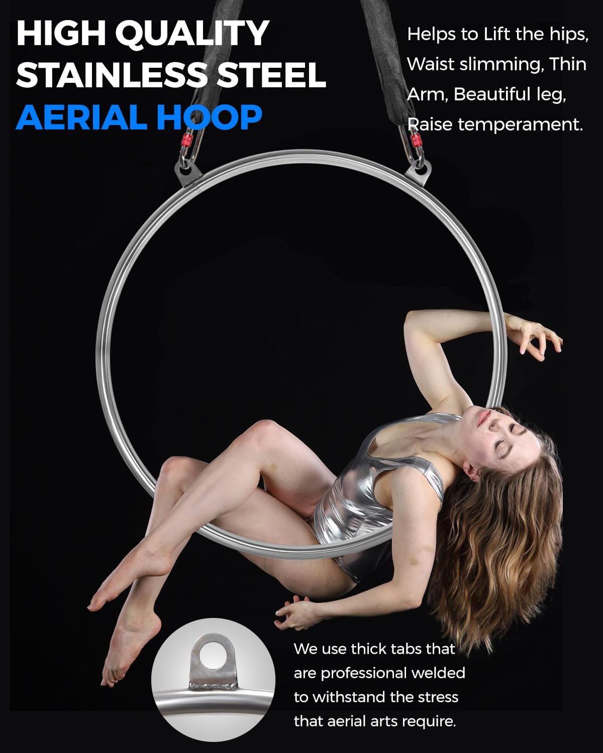 DASKING Cerchio Aereo 2 Punti, 80 85 90cm in Acciaio Inox Set con Borsa Portatile Resistente, capacità 226kg, Aerial Hoop Kit per Yoga sartiame per Fitness, Circo, Allenamento, acrobazie e Danza