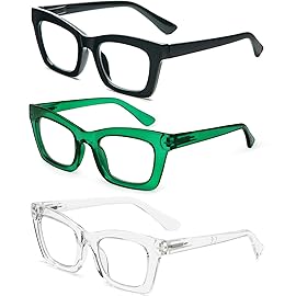 REAVEE 3 Pack Oprah Style Reading Glasses Blue Light Blocking Computer Square Readers for Women with Spring Hinge Anti Glare/Eyestrain, Black Green Clear 2.5