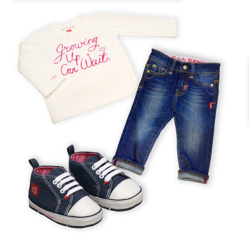 Geschenkset Baby Mädchen "outfit" mit Babyshirt, Jeans und Babyschuhen von Dushi