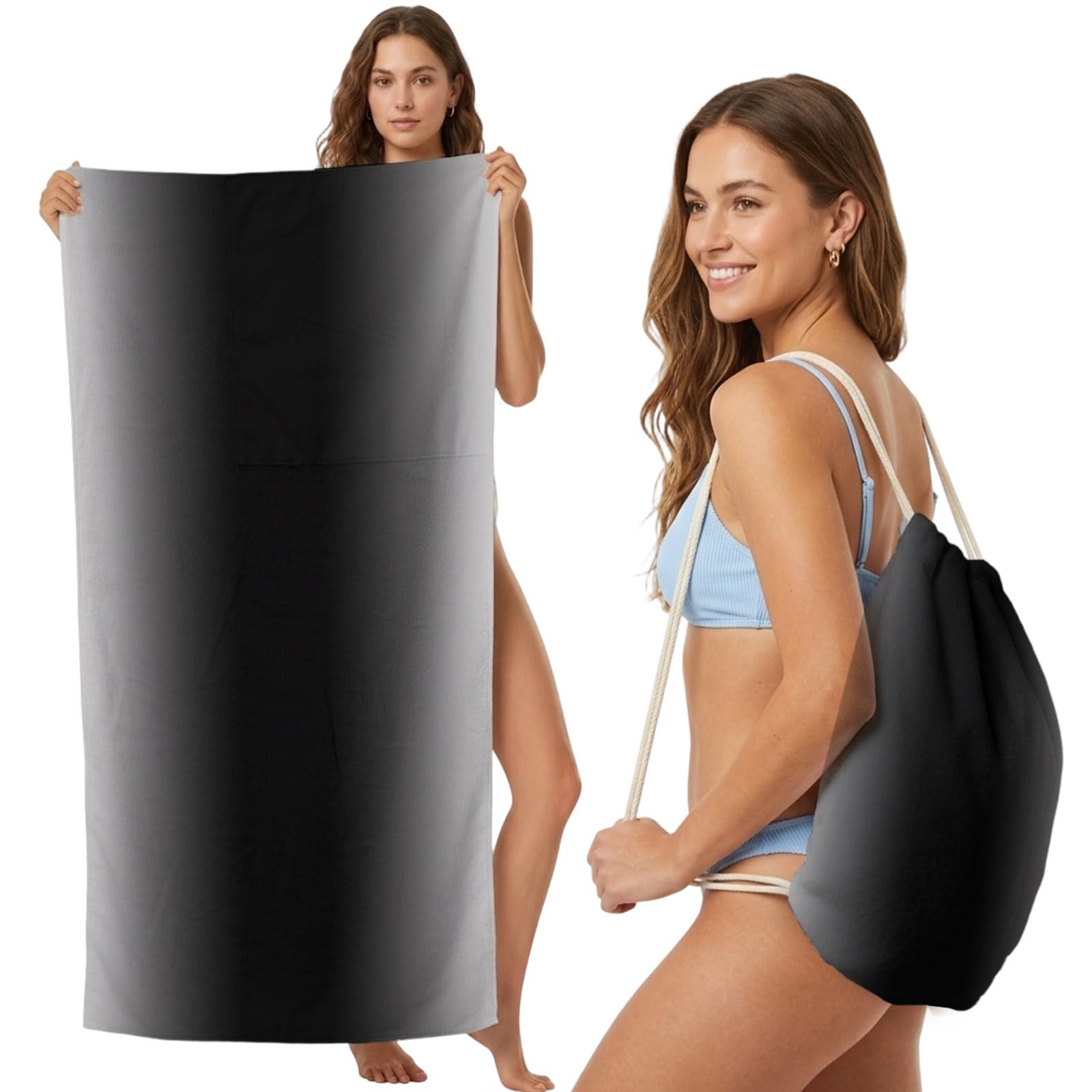 Beach Towel Bag 2 in 1 Black Solid Color Bath Pool Towels Backpack Gradient Color Absorbent Beach Towel Soft Quick Dry Lightweight Packable Towels Drawstring Bag for Travel Camping Sports Yoga Picnic