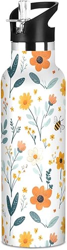 Miniatura 12 de Flowers Daffodil Sunflower Butterflies Bees White Leak Proof & BPA Free Sports Insulated Water Bottle With Straws Leak-proof Hot & Cold Double
