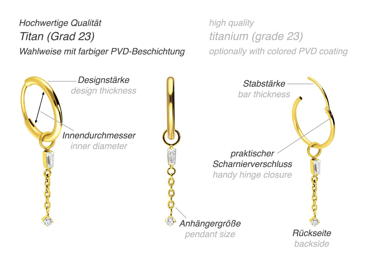FILANGO 1 Paar Titan Ohrclicker Creolen 2 KRISTALLE + KETTE Farb- & Größenauswahl