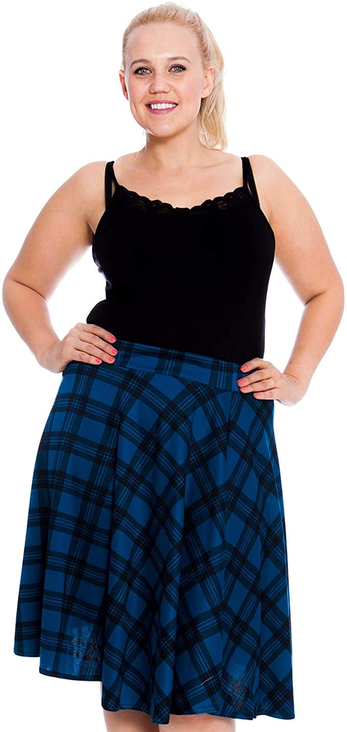 GOSTYLES® Womens Plain & Tartan Soft Stretch Midi Skirt, Ladies Knee-Length Elasticated Waistband Swing Style Scottish Check Skater (Teal Check, 14)