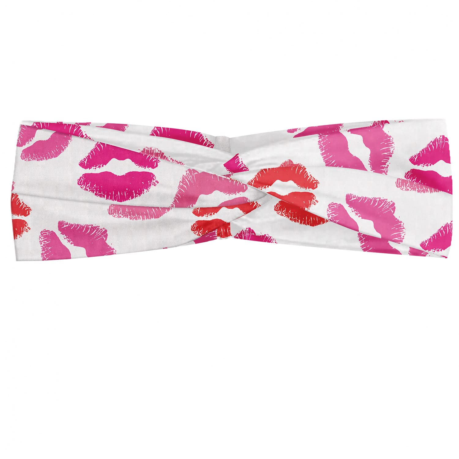 Ambesonne Lips Headband Set of 2, Pink and Warm Color Romantic Kisses Smack Print Repeating Pattern on White Background, Knotted Elastic Hair Band Accessory for Women Everyday Use, XS-S, Multicolor