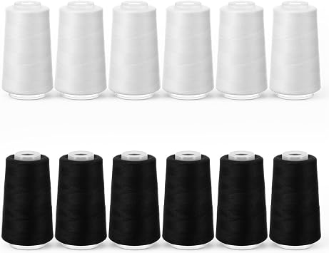 12 Pack Black & White Serger Thread for Serger Sewing Machine, 40S/2 3000Y Polyester Serger Thread Cones, All Purpose Sewing Thread for Overlock, Quilting, and Garment Stitching