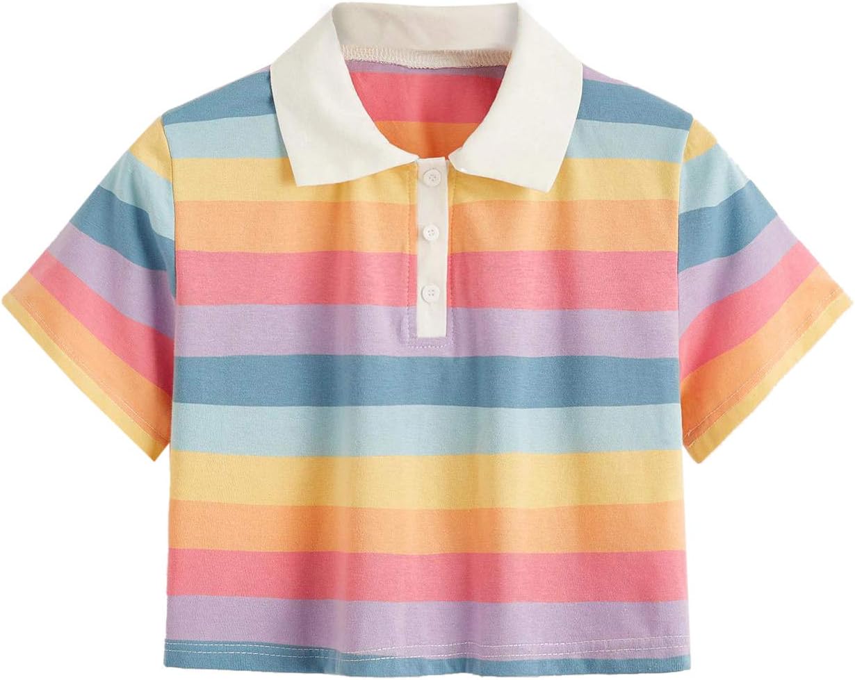 Women's Collar Half Button Short Sleeve Striped Crop Top T-Shirts
