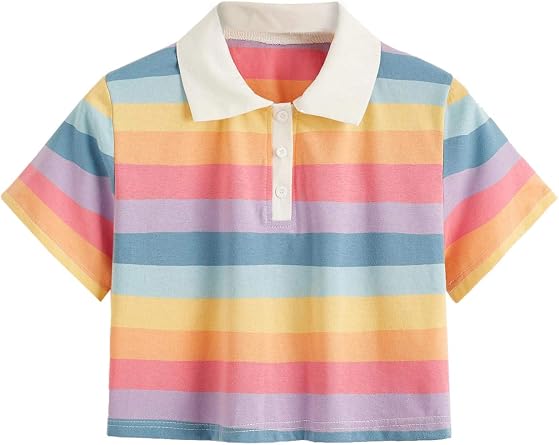 SweatyRocks Womens Collar Half Button Short Sleeve Striped Crop Top T-Shirts