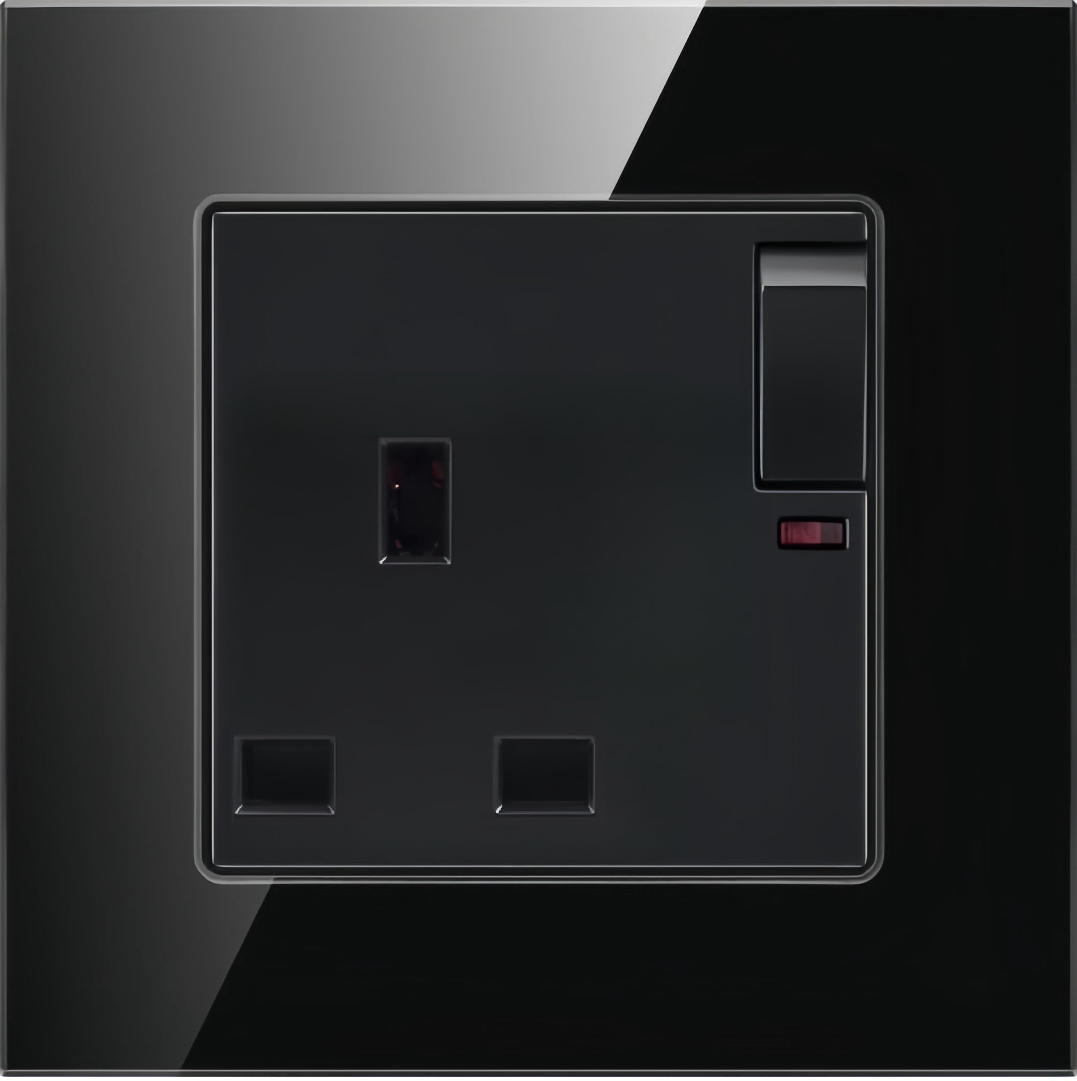 MEI JIA Borliya 13 Amp Socket Tempered Black Glass Panel and push button Light Switches with LED Indicator,UK Standard Wall Power Socket, Artistic Modern Swich soket (E1-13A Single Socket)