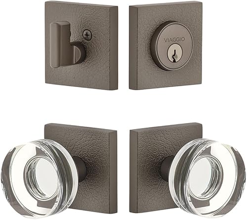 Viaggio Juego de entrada gris titanio 628937 con pomo de cristal Circolo de roseta de cuero cuadrado, cerrojo a juego, juego de fondo 2-34 pulgadas