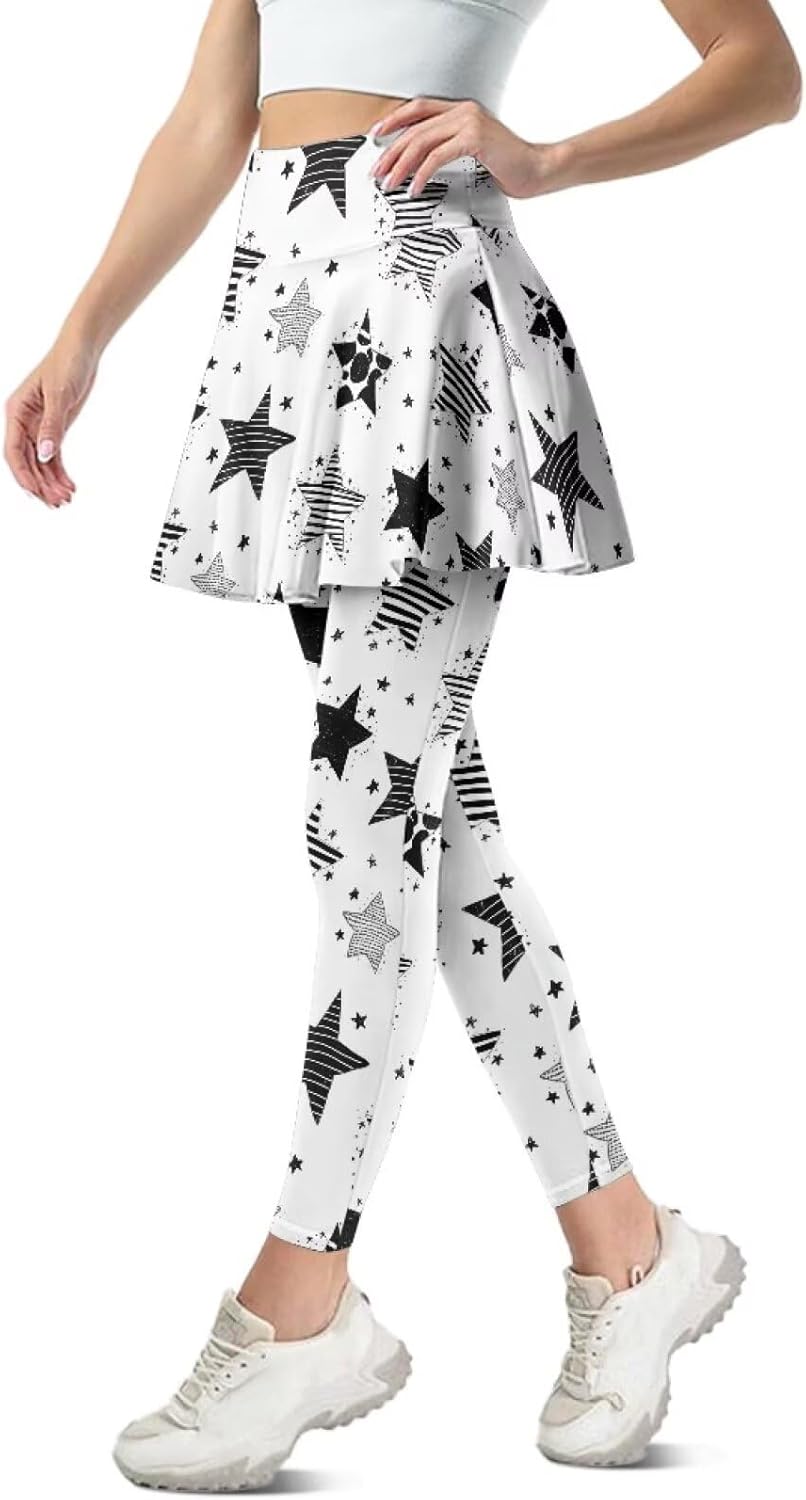 Leopard Print Women's Yoga Legging with Skirt, Abstract Geometric Tennis Skirts with Pockets Galaxy Tennis Clothing