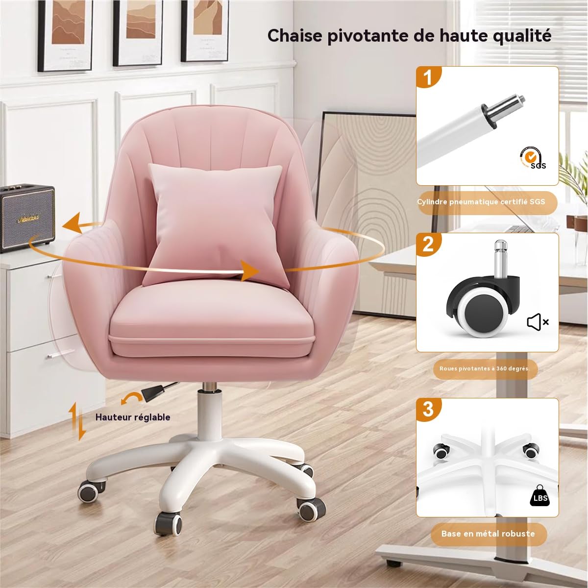 Chaise de Bureau pour la Maison Chaise de Dressing en Velours Chaise de Maquillage Mignonne avec roulettes Chaise d'ordinateur réglable en Hauteur