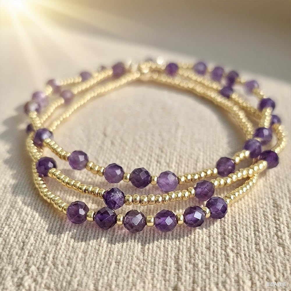 Purple Gold Plated Stackable Seed Beaded Bracelets Set For Women, Healing Romantic Luxury Amethyst Nature Gemstones Stretch Accessories Jewelry, Daily Vacation Party Friendship Gift - Image 4