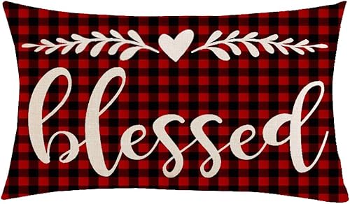 Funda de almohada de 12 x 20 pulgadas, regalos de festival, Feliz Navidad, Simply Blessed Happy New Year, rojo y negro, a cuadros, algodón, lino,