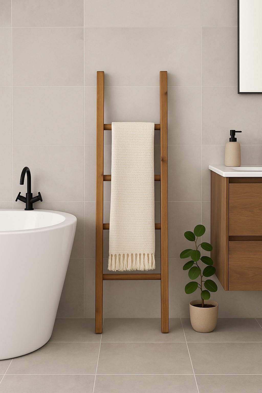 Biscottini Porta asciugamani in legno da terra 129x34,5x5 cm - Scala Appendi asciugamani da Parete - Scaletta Portasciugamani da Bagno Stile Moderno - Scala Decorativa Appendiabiti in legno massello