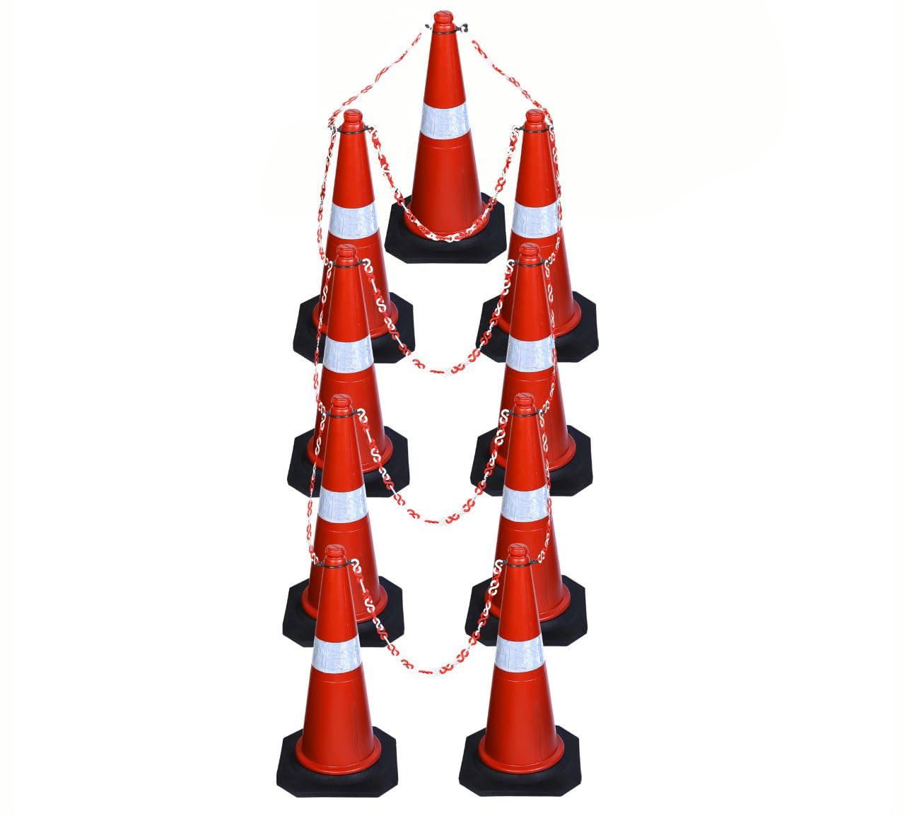 ABS INDUSTRY Safety Cones 9 Cones with 9 Meters S Hook Safety Chain and 9 Hooks Multipurpose PVC Plastic Traffic Safety Cone with Black Rubber Weighted Base and Highly Visible Reflective Collar