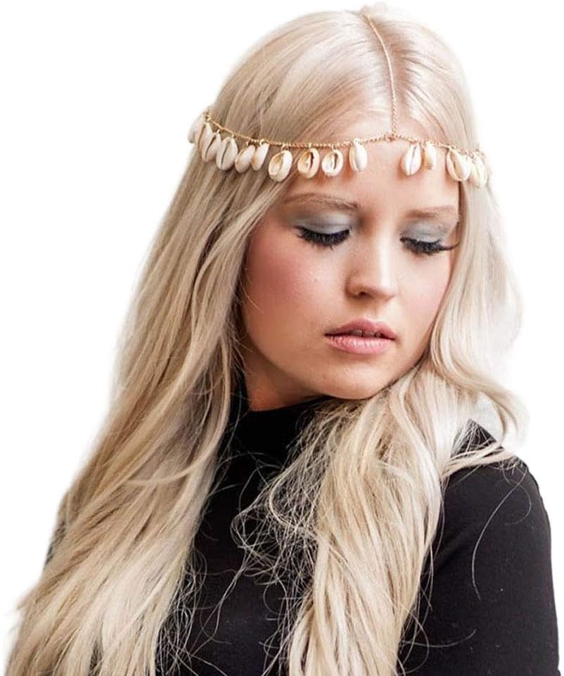 BrinoteBoho Head Chain Shell Headpieces Dangle Headband Fashion Tassel Hair Accessories for Women and Girls (Gold)