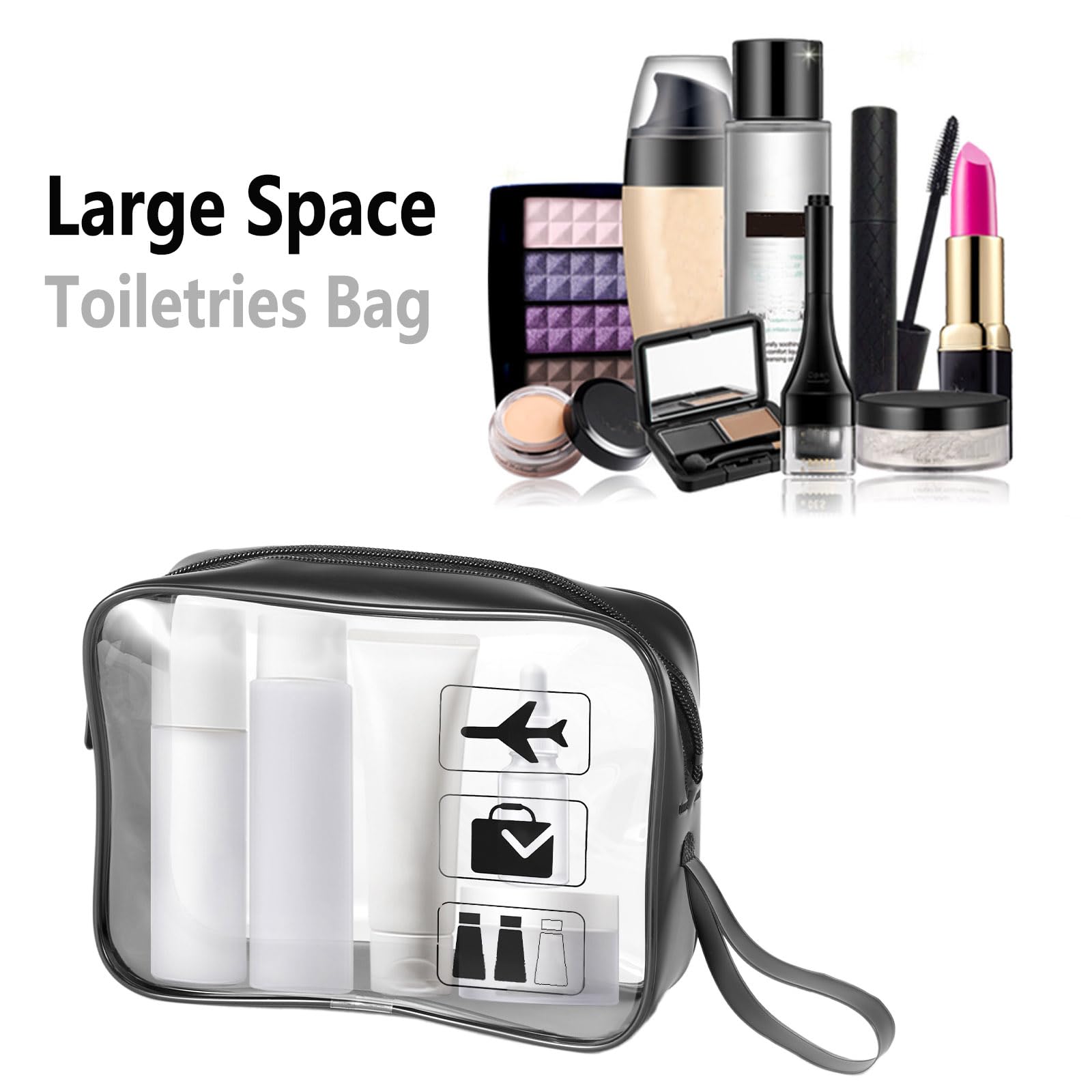 Neceser aprobado por la TSA, paquete de 2 bolsas de viaje transparentes para artículos de tocador, Negro - 3 unidades., L