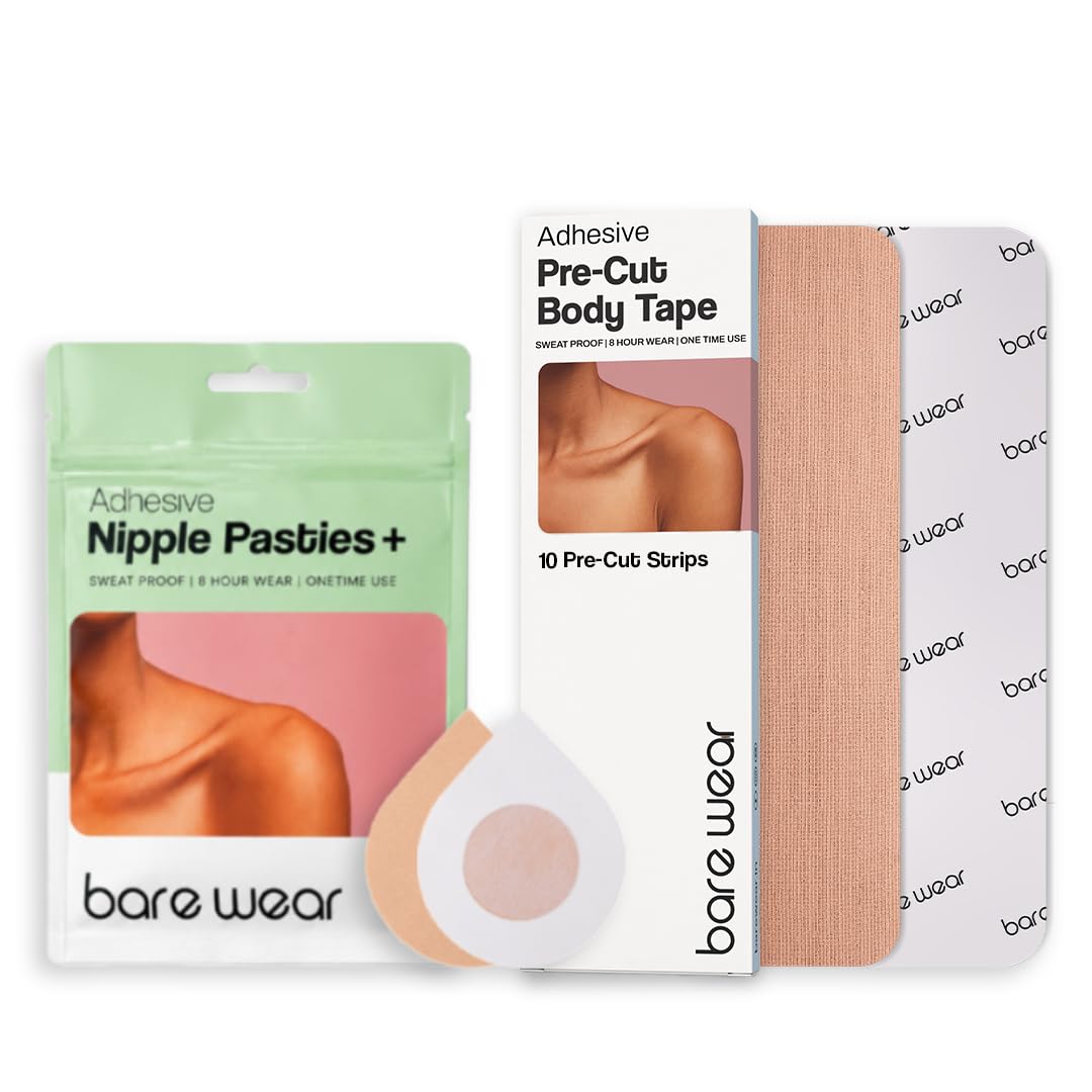 Bare Wear Combo Pre-Cut Body Tape Strips 7.5 cm Width (Pack of 10) and Nipple Pasties Plus (5 Pairs) A-J+ Cup Sweatproof Breast Lift Boob Tape-image-11