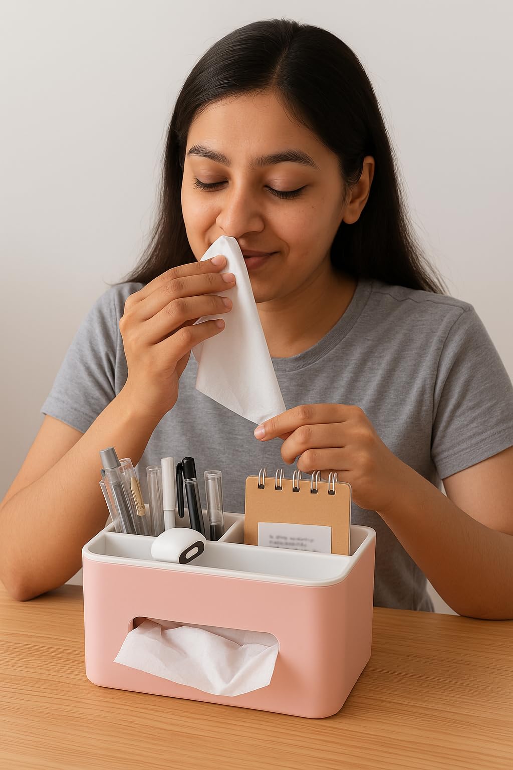 ILU Organizer da tavolo multifunzione con dispenser di fazzoletti, portaoggetti da scrivania con scomparti per cancelleria, accessori ed essenziali, 1 pezzo, rosa