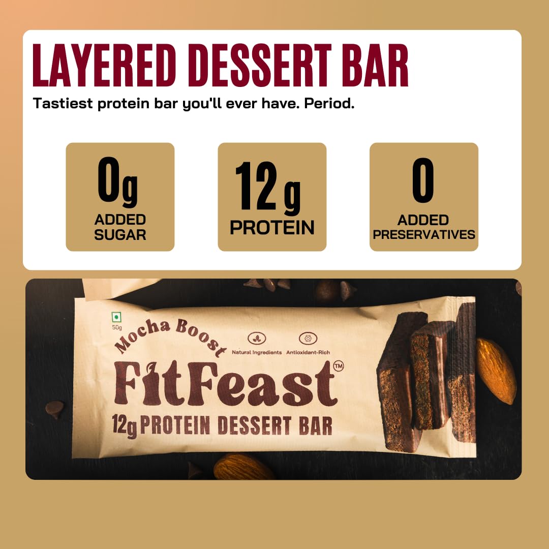 FitFeast Mocha Boost Dessert Protein Bar, Pack of 6 | 12g Protein per Serve | Blended of Chocolate and Coffee Falvour | Zero Added Sugar & No Artificial Preservatives | No Cholestrol and No Trans Fats | As Seen on Shark Tank — Amazon image 5