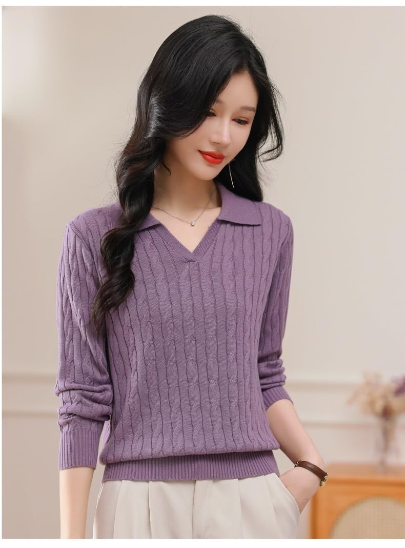 Maglioni da Donna con Scollo a V, Maglione Lavorato a trecce, Pullover Casual Elegante, Top Autunno Inverno alla Moda(Purple,L)