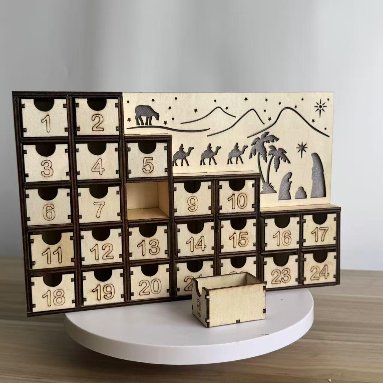 Weihnachtskrippen-Adventskalender aus Holz mit integrierten LED-Lichtern, Urlaubs-Countdown-Ornament & Wohnkultur aus Holz Weihnachten beleuchteter Adventskalender