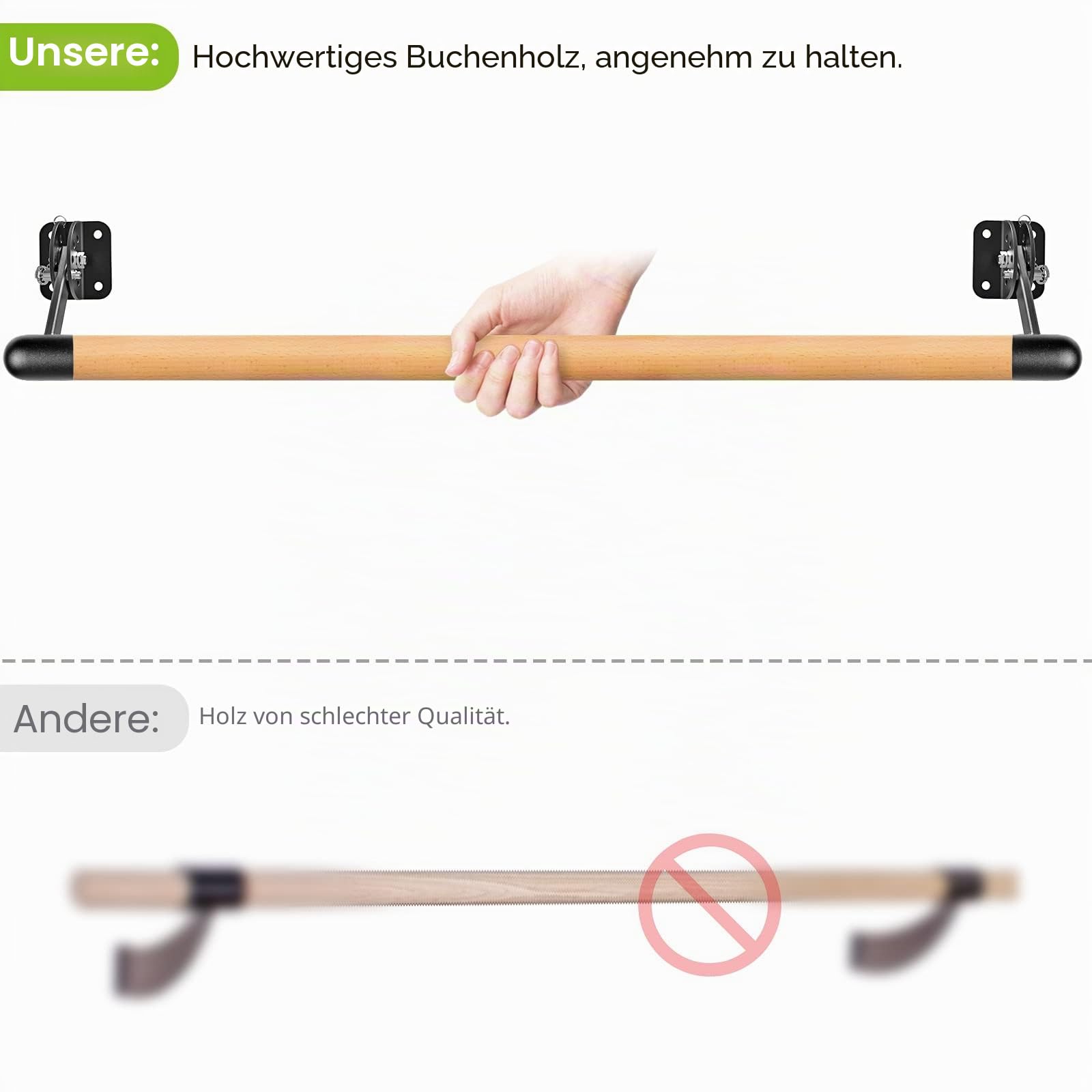 Dolibest Ballettstange Holz, 100-300cm Ballett Stange Kinder Höhenverstellbar Wandmontage Stretching Tanzstange Erwachsene Zuhause Barre Gym Training Ausrüstung mit Metallhalterung, 4cm Durchmesser