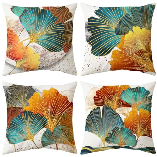 Bestash Fundas Cojines 45x45 Juego de 4 Fundas de Cojines Terciopelo Funda Cojin Decorativas Modernas para Cama Decoración Sofás Sala de Estar Dormitorio（Ginkgo Biloba）