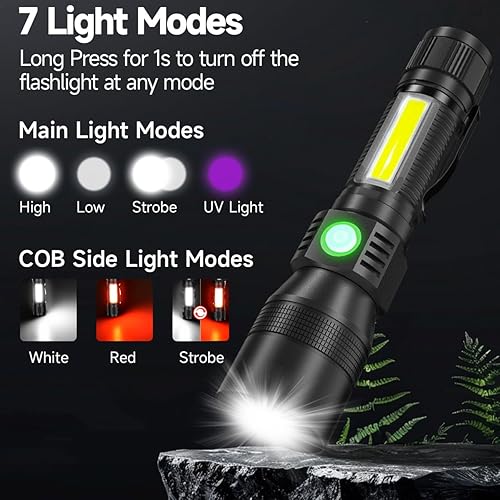 Miniatura 3 de AdamStar Linterna de luz negra, linterna de luz UV 3 en 1 con clip, magent, luz COB, pequeña linterna LED recargable, 1000 lúmenes, 7 modos,