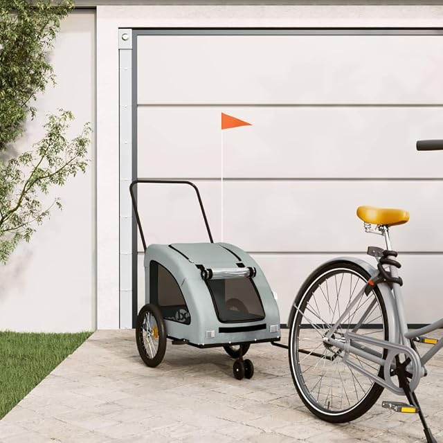 Foto 2 de 8 de vidaXL Remolque de Bicicleta Mascotas Hierro Tela Oxford Gris