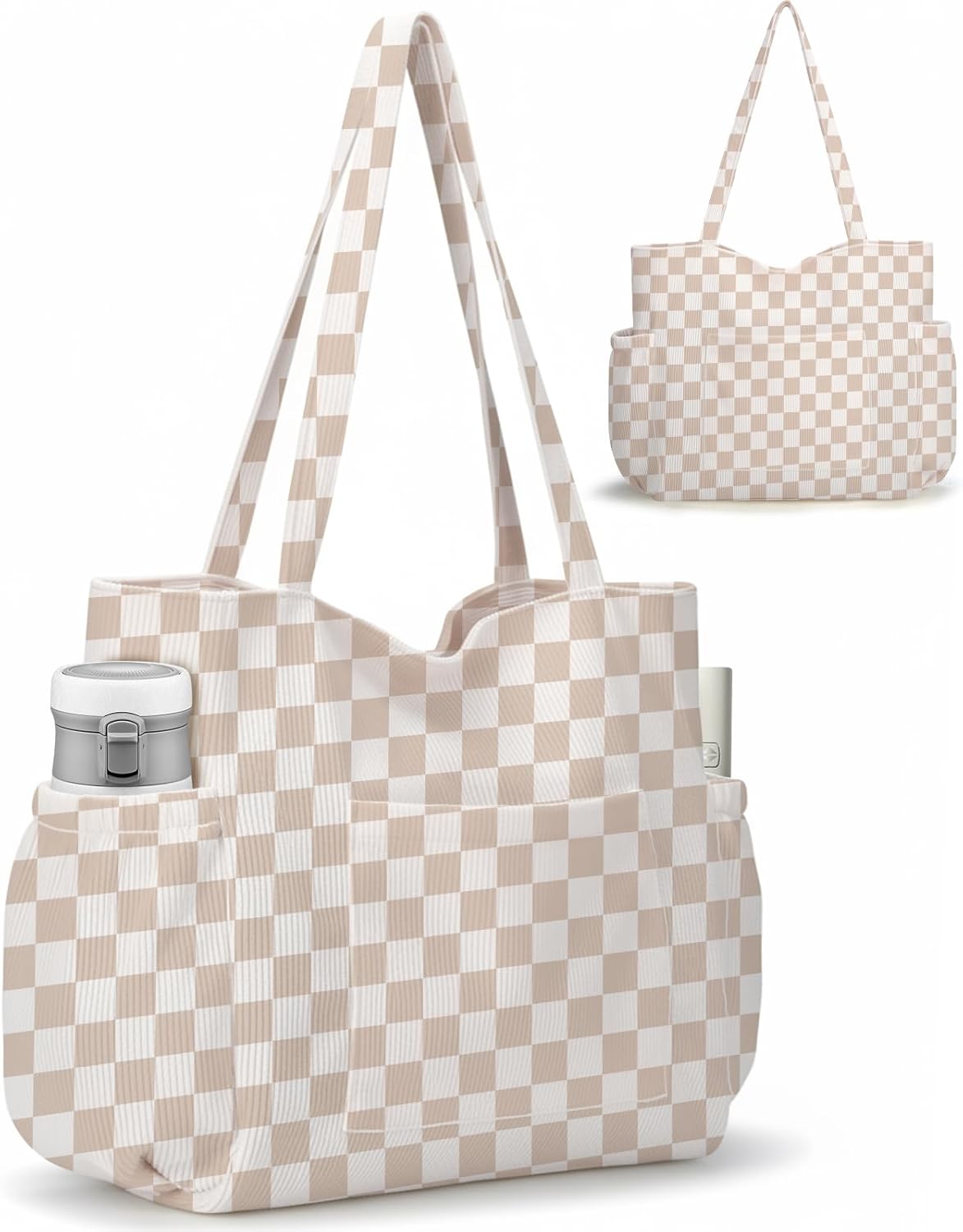 Corduroy Tote Bag for Women,Large Capacity Cute Tote Bags With 6 Pockets,Crossbody Shoulder Handbag for Work Travel Gym