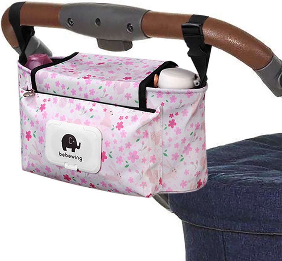 Baby Stroller Organizer Bag with Cup Holder Universal, Buggy Organizer Stroller Storage Diaper Bag Organizer for Prams, Pushchairs & Buggies, with Straps & Clips, Waterproof. (Pink)