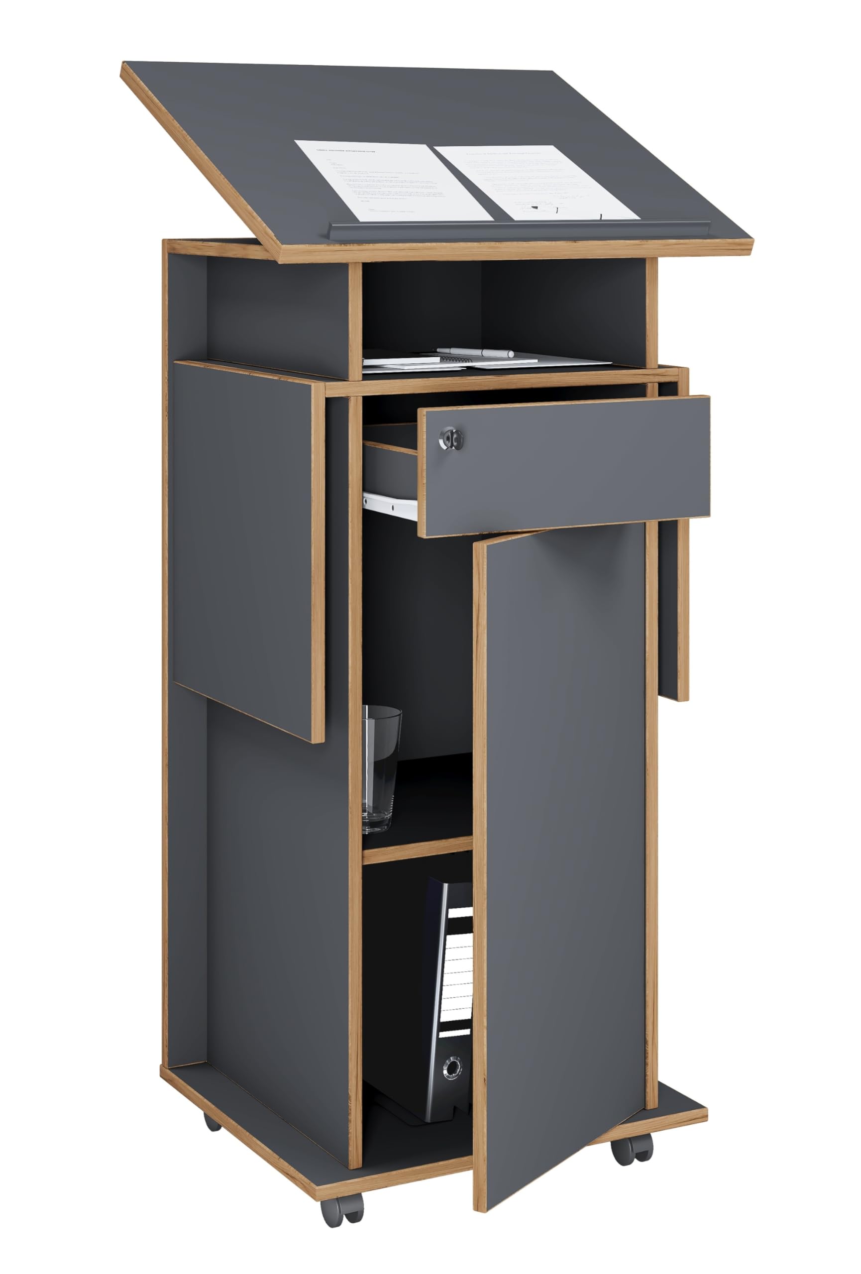 VCM Holz mobiles Rednerpult | Maße ca. H. 107 bis 128 cm x B. 60 bis 123 cm x T. 44 cm | rollbar mit Schublade | Stehpult | Stehtisch mit Tür - Salia