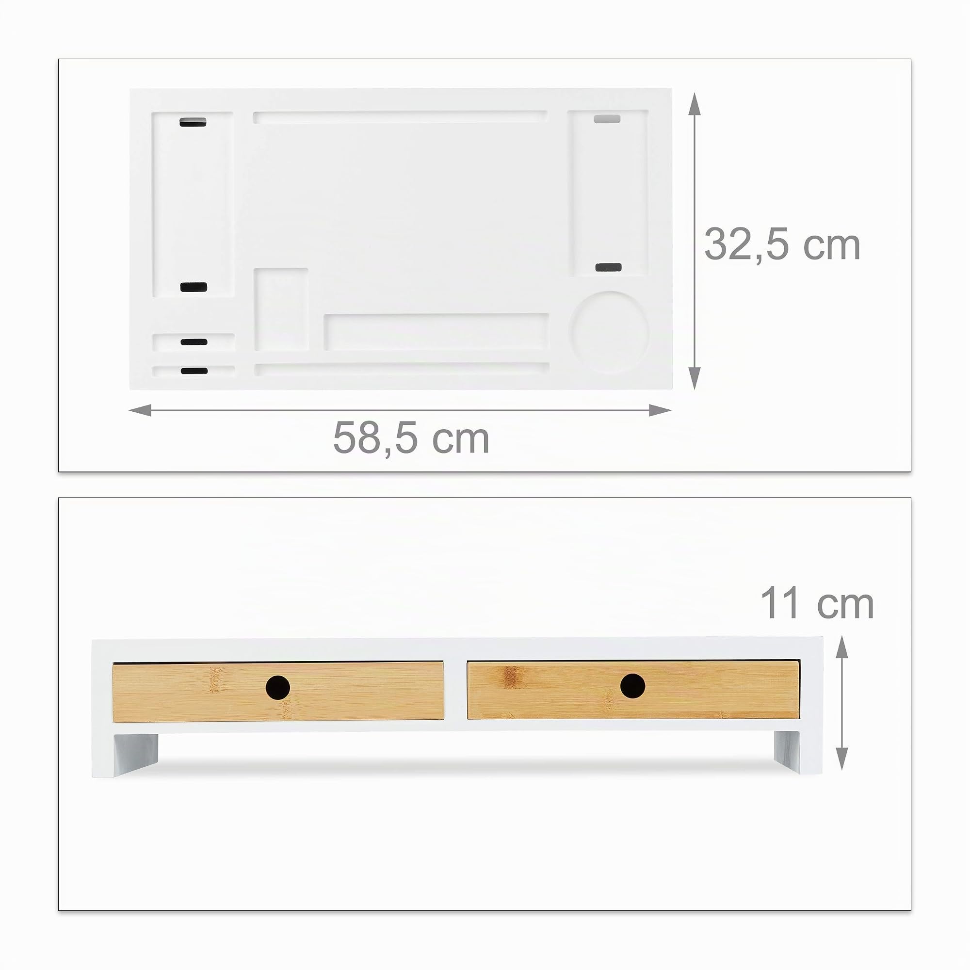 Relaxdays Supporto per Monitor, Rialzo XL per PC in bambù & MDF, 2 Tiretti, Organizer, HBT: 11 x 58,5 x 32,5 cm, Bianco