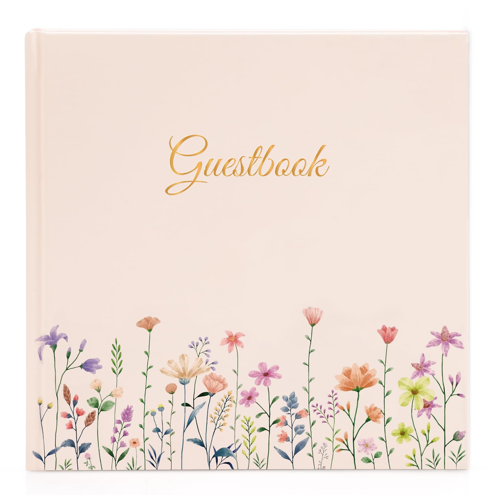 Blank Wedding Guest Book with 40 Beautiful Stickers,48 Double Pages, Made High Quality Thick Paper-Dimensions:21 x 21cm,Hard Cover Guest Book for Wedding,Baby Shower,Birthdays,Floral Pattern-Warm Pink