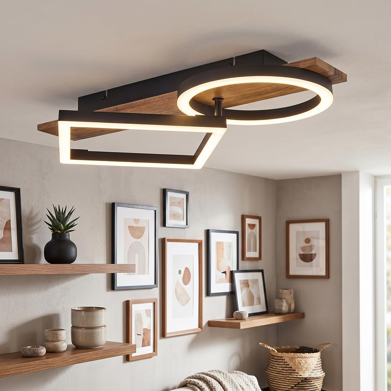 HOFSTEIN LED Deckenleuchte Cascada, Deckenlampe aus Metall/Holz/Kunststoff in Schwarz/Braun/Weiß, 18 Watt, 3000 Kelvin, Leuchte im modernen Design für Schlafzimmer, Esszimmer, Wohnzimmer, Küche, Flur