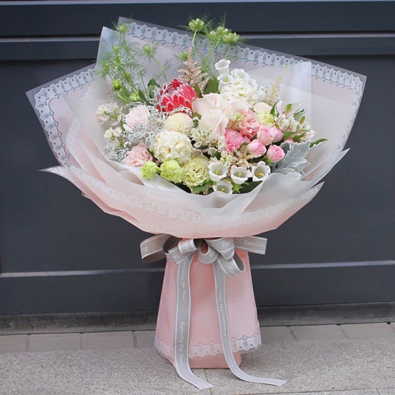 Image of Oasis Floral Products Flower Bouquet Wrapping & Gift Packing Cellophane Film Sheets 58x58cm (20 nos) Pink Matt Snowwhite Lace Border