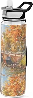 Autumn Bridge Landscape Water Bottle with Straw Lid 32oz Leakproof Clear Gym Water Bottles for Women Men Outdoor Sport Drinking