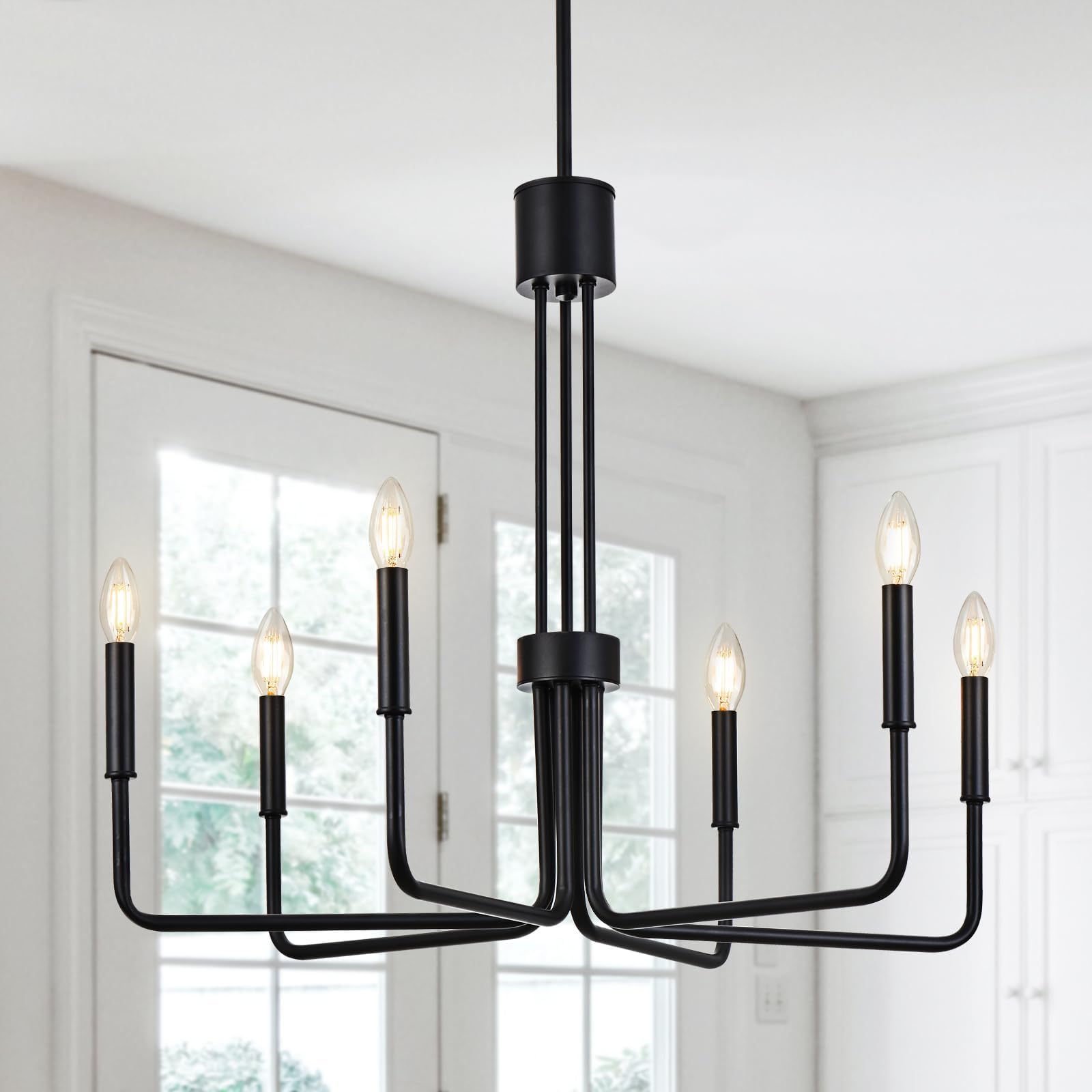 Black Chandelier, Dining Room light Fixture, 6-Light Modern Farmhouse Chandeliers for Dining Room, Large Hanging Light Fixture for Dining Room Over Table, Living Room, 28" Diameter, Adjustable Height