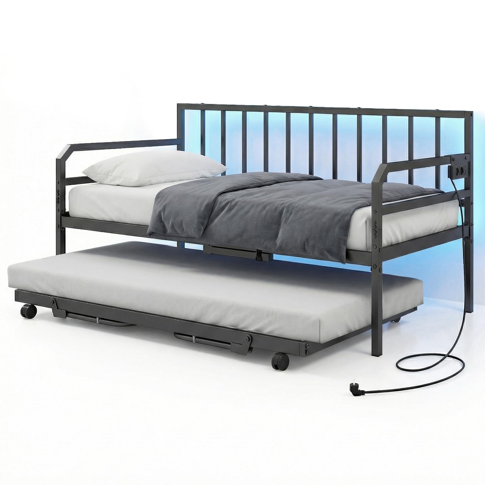COSTWAY Letto Estraibile, Divano Letto Singolo con Luci LED e Stazione di Ricarica, Lettino Matrimoniale con Struttura in Metallo, 2 Pz 90x200 cm, per Soggiorno e Camera da Letto (Nero)